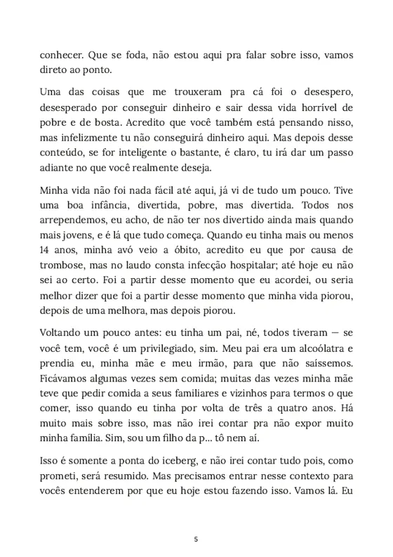 Página do e-book com o início da história do autor
